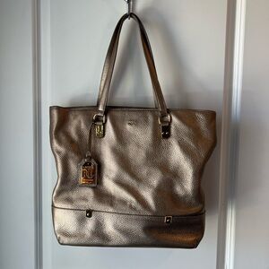 Lauren Ralph Lauren metallic blue Gold shoulder Tote